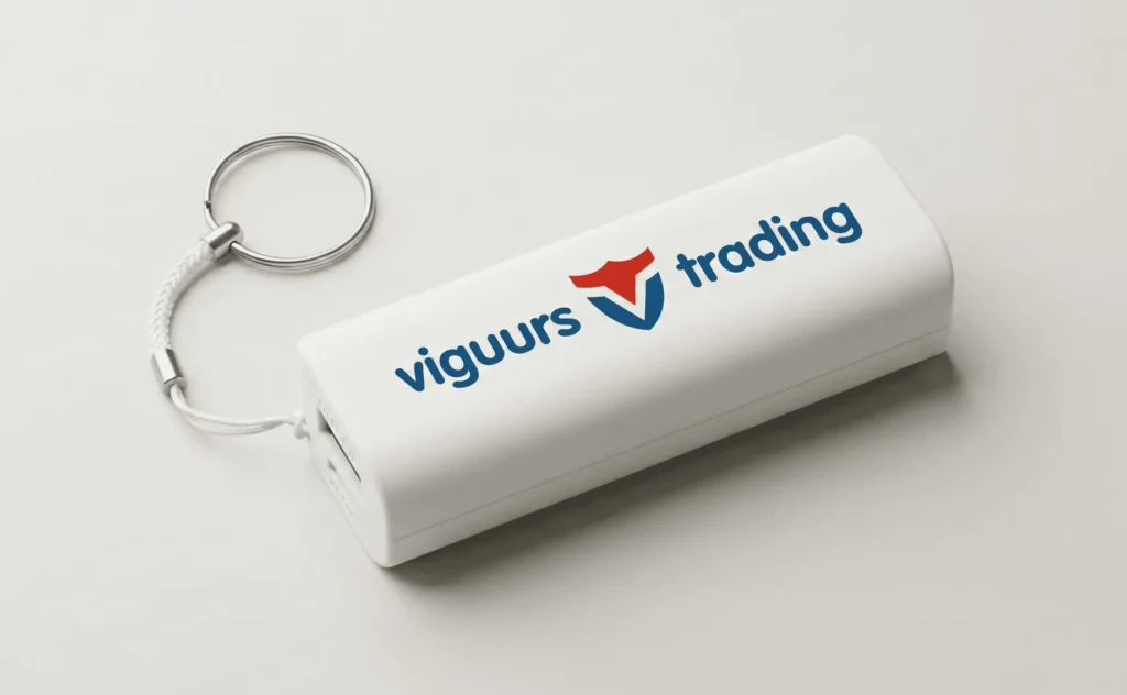 een tech gadget powerbank met een eigen logo erop